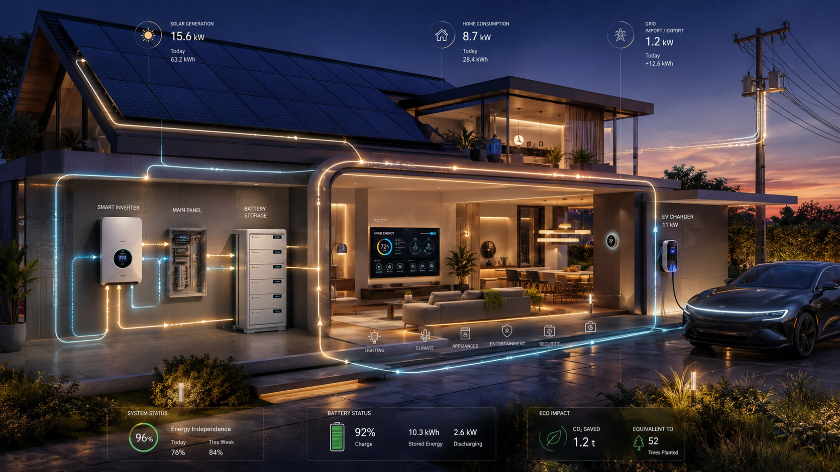 Güneş enerjisi, batarya depolama, inverter, elektrikli araç şarj ve şebeke bağlantısını gösteren enerji yönetimi sistemi